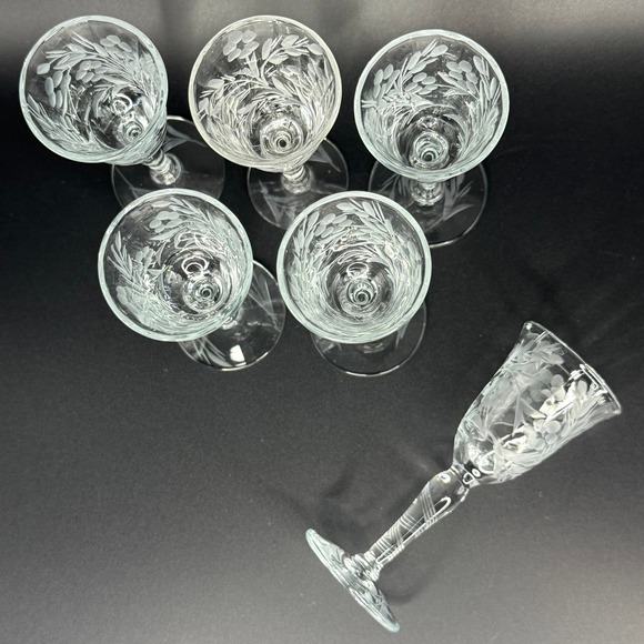 6 Vintage .5oz Handmade Cut Etched Stemmed Shot Glasses Floral Optic Panel - Picture 2 of 7